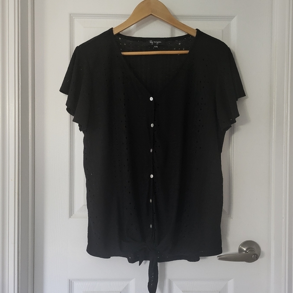 ⭐️3/$25⭐️ Lily Morgan Women's Black Tie-Front Button Down Flutter Sleeve XL